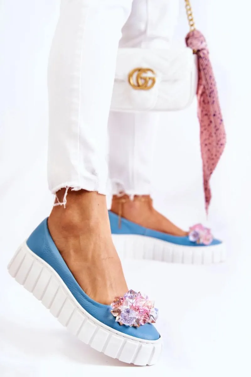 Best Skórzane Baleriny Na Platformie Z Ozdobą Niebiesko-Białe Ladette Damskie Baleriny Skórzane|Baleriny Klasyczne