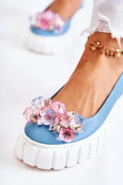 Best Skórzane Baleriny Na Platformie Z Ozdobą Niebiesko-Białe Ladette Damskie Baleriny Skórzane|Baleriny Klasyczne