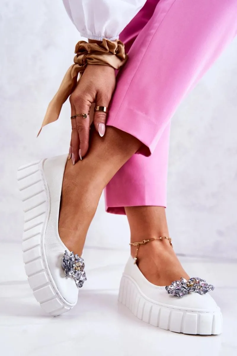 Online Skórzane Baleriny Na Platformie Z Ozdobą Białe Ladette Damskie Baleriny Skórzane|Baleriny Klasyczne