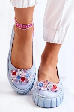Sale Boto Skórzane Baleriny Na Platformie Z Kolorową Ozdobą Niebieskie Ladette
