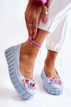 Sale Boto Skórzane Baleriny Na Platformie Z Kolorową Ozdobą Niebieskie Ladette