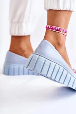 Sale Boto Skórzane Baleriny Na Platformie Z Kolorową Ozdobą Niebieskie Ladette