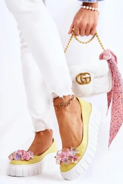 Hot Skórzane Baleriny Na Platformie Z Kolorową Ozdobą Żółte Ladette Damskie Baleriny Skórzane|Baleriny Klasyczne