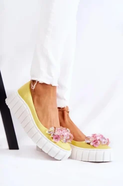 Hot Skórzane Baleriny Na Platformie Z Kolorową Ozdobą Żółte Ladette Damskie Baleriny Skórzane|Baleriny Klasyczne