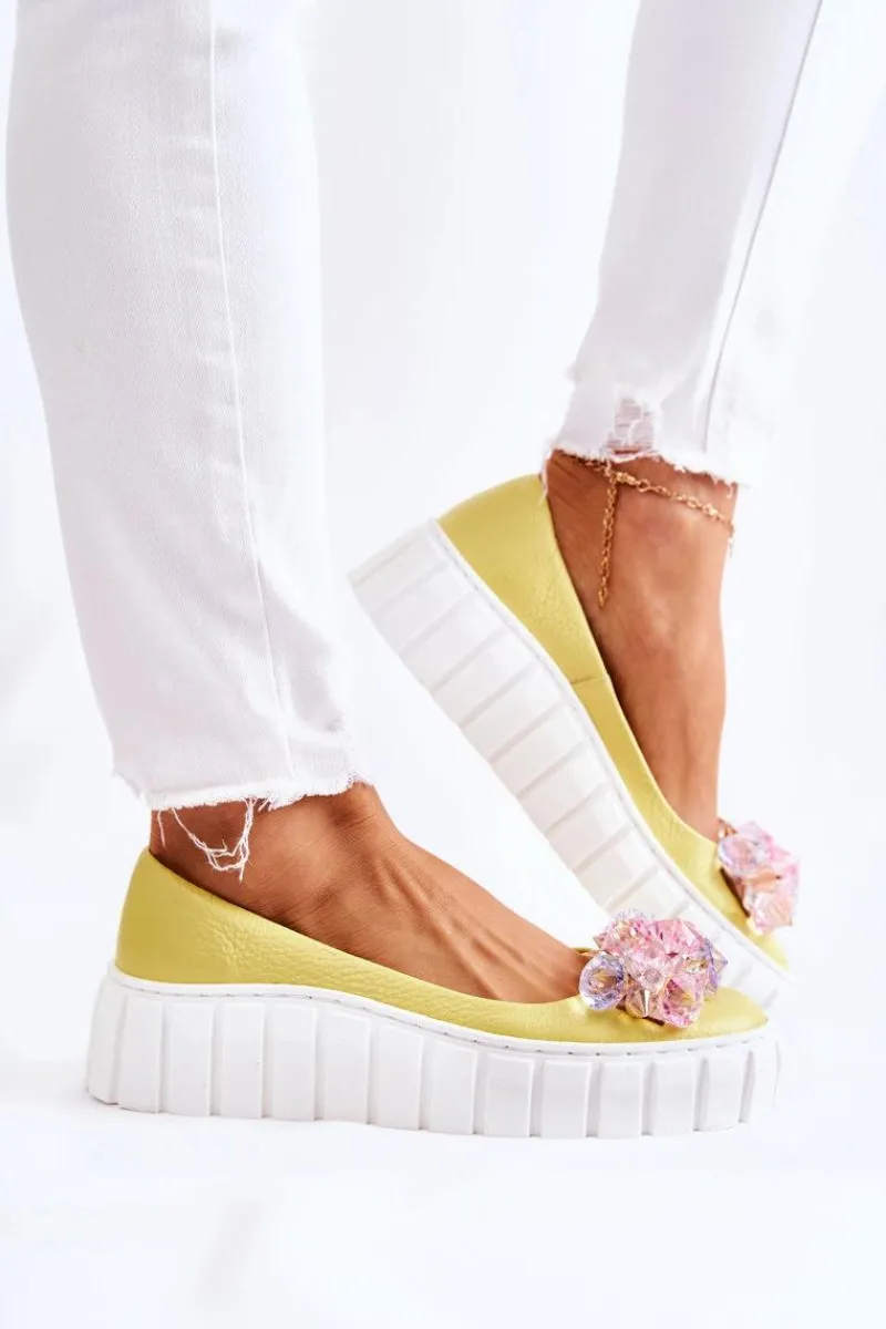 Hot Skórzane Baleriny Na Platformie Z Kolorową Ozdobą Żółte Ladette Damskie Baleriny Skórzane|Baleriny Klasyczne