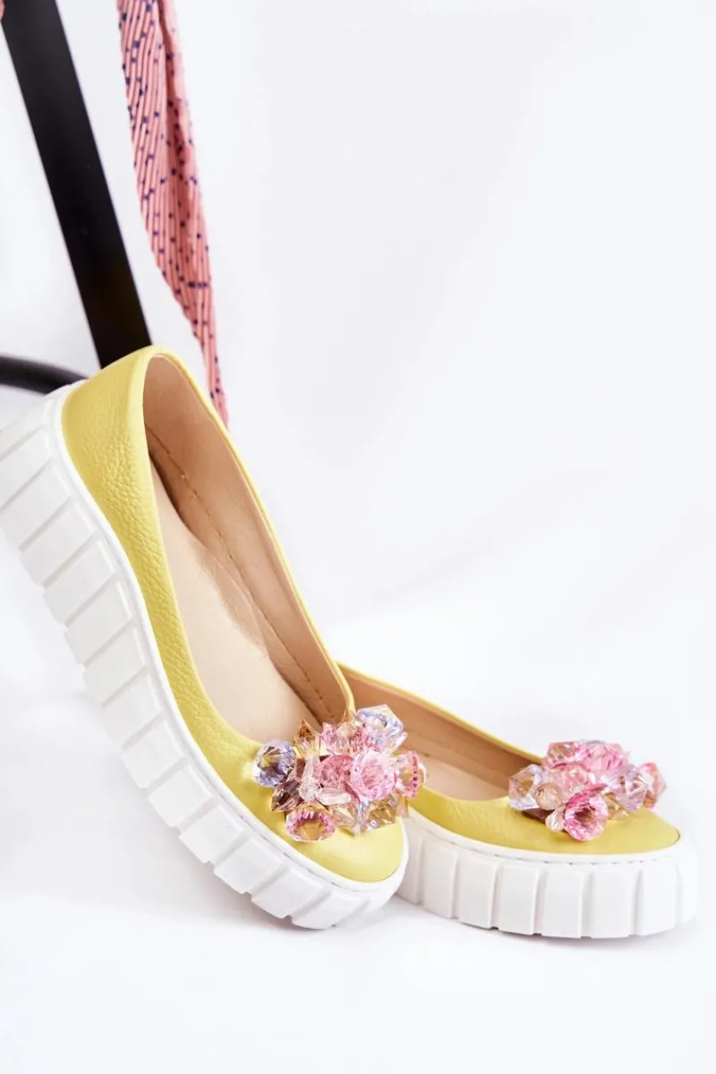 Hot Skórzane Baleriny Na Platformie Z Kolorową Ozdobą Żółte Ladette Damskie Baleriny Skórzane|Baleriny Klasyczne