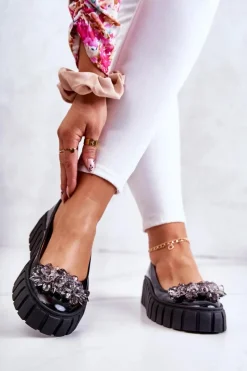 New Boto Skórzane Baleriny Na Platformie Z Ozdobą Czarne Ladette