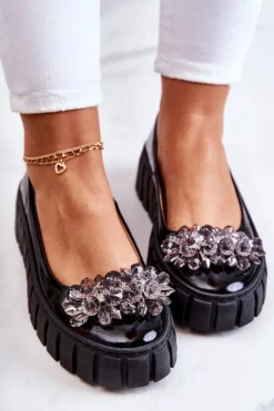 New Boto Skórzane Baleriny Na Platformie Z Ozdobą Czarne Ladette