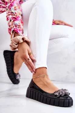 New Boto Skórzane Baleriny Na Platformie Z Ozdobą Czarne Ladette