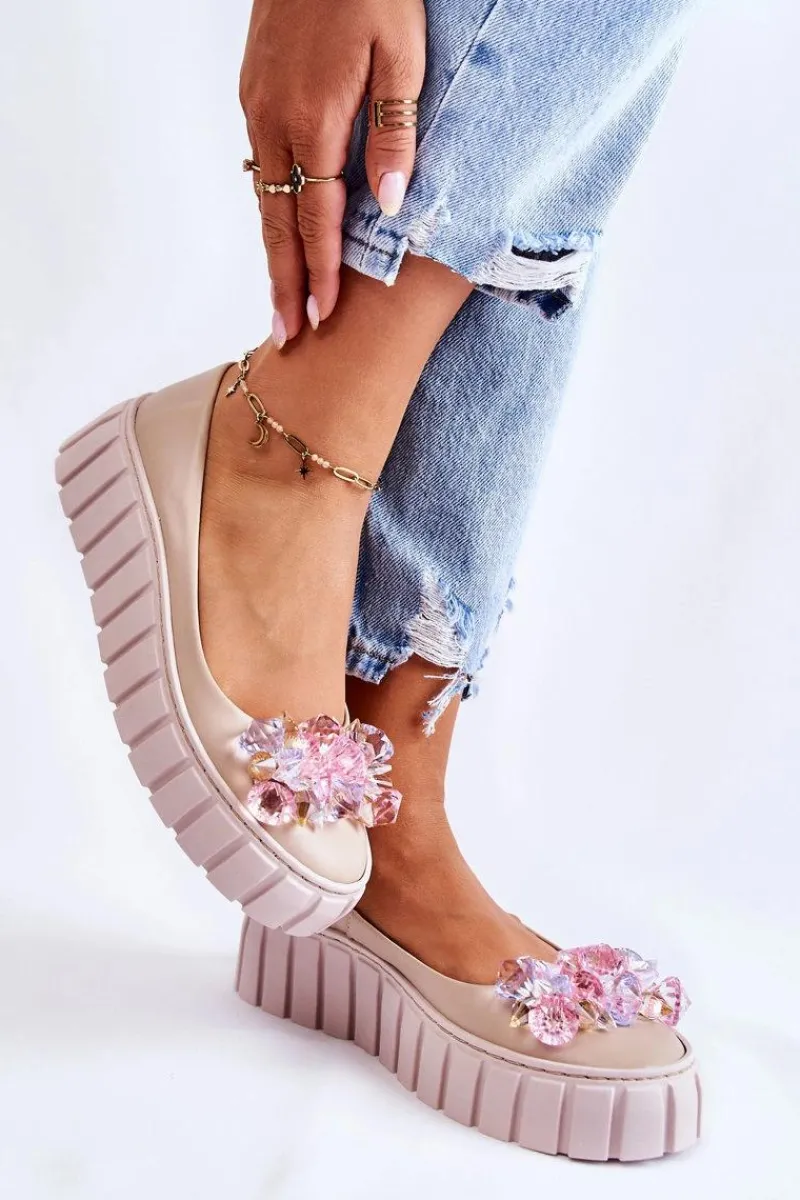 Baleriny Skórzane|Baleriny Klasyczne>Boto Skórzane Baleriny Na Platformie Z Kolorową Ozdobą Beżowe Ladette