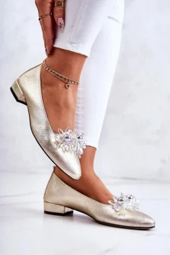 Sale Skórzane Baleriny Z Elegancką Ozdobą Złote Millany Damskie Baleriny Skórzane|Baleriny Klasyczne