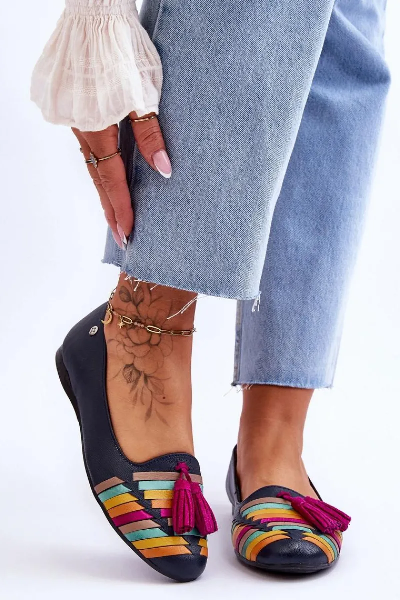 Clearance Maciejka Skórzane Baleriny Z Frędzlami 04016-17 Granatowe