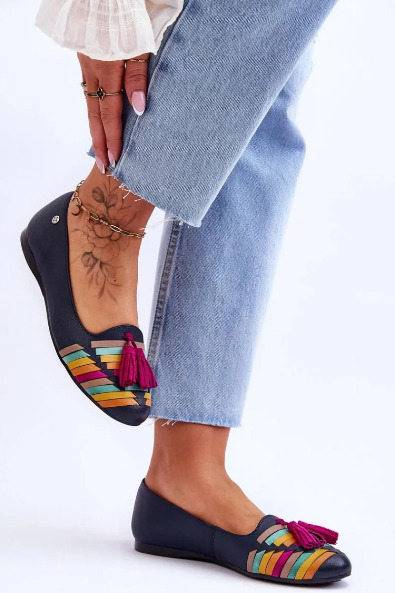 Clearance Maciejka Skórzane Baleriny Z Frędzlami 04016-17 Granatowe