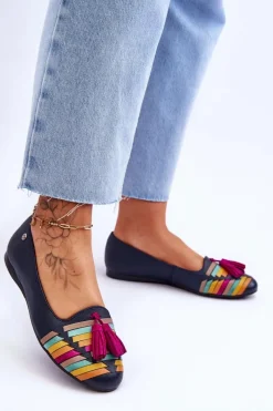 Clearance Maciejka Skórzane Baleriny Z Frędzlami 04016-17 Granatowe