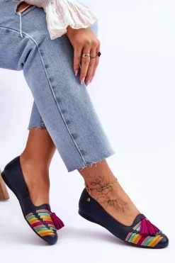 Clearance Maciejka Skórzane Baleriny Z Frędzlami 04016-17 Granatowe