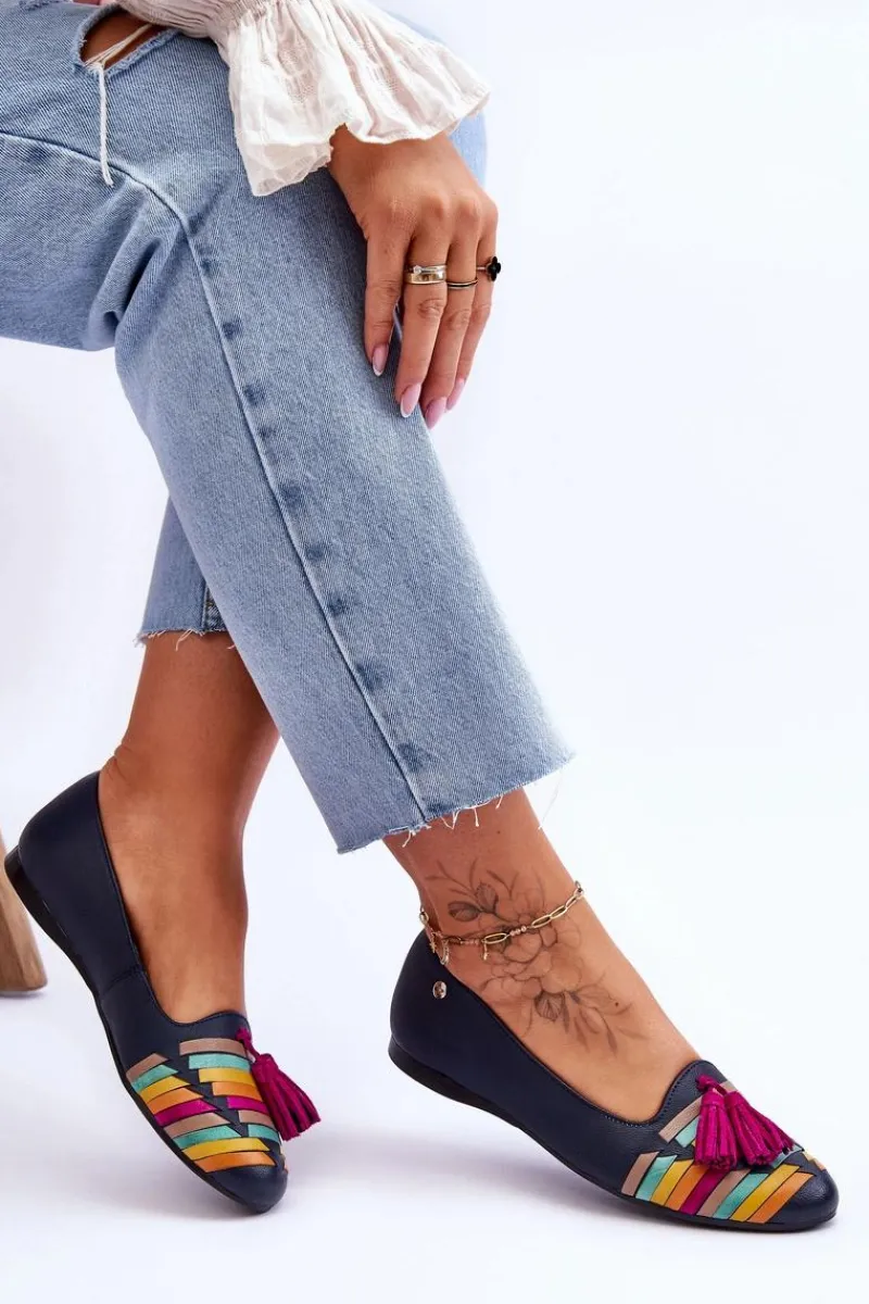 Clearance Maciejka Skórzane Baleriny Z Frędzlami 04016-17 Granatowe