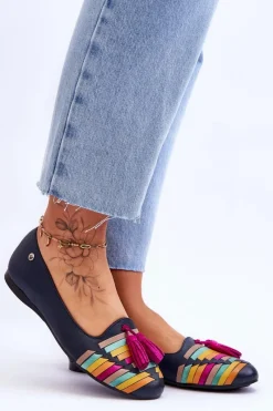 Clearance Maciejka Skórzane Baleriny Z Frędzlami 04016-17 Granatowe