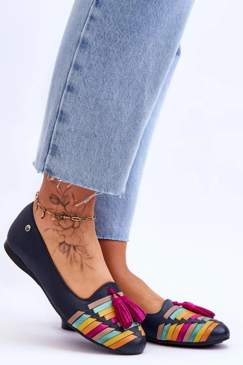 Clearance Maciejka Skórzane Baleriny Z Frędzlami 04016-17 Granatowe