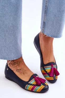 Clearance Maciejka Skórzane Baleriny Z Frędzlami 04016-17 Granatowe