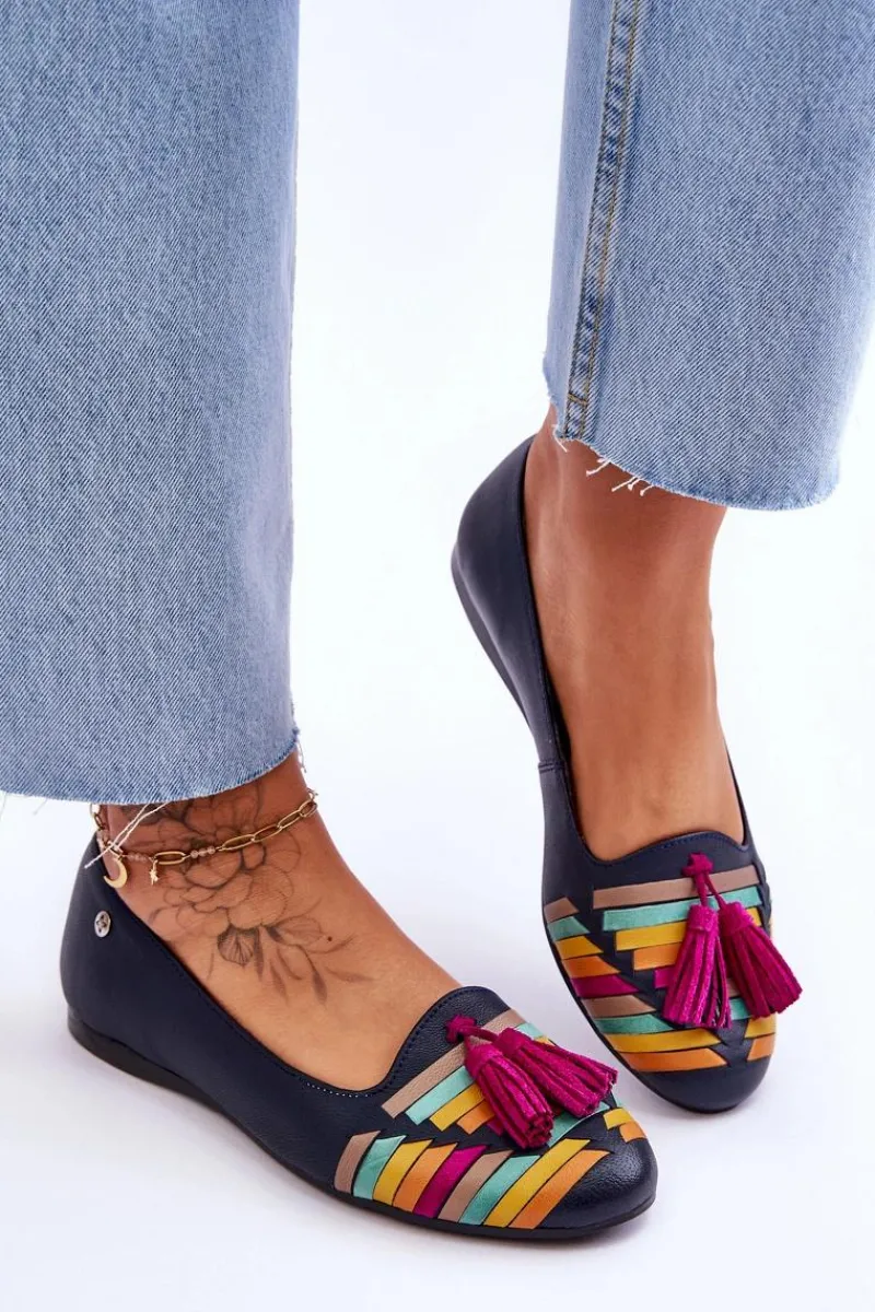 Clearance Maciejka Skórzane Baleriny Z Frędzlami 04016-17 Granatowe