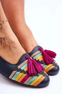 Clearance Maciejka Skórzane Baleriny Z Frędzlami 04016-17 Granatowe