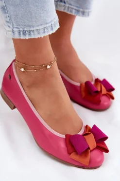 Online Maciejka Skórzane Baleriny Z Kokardką P6801-15 Fuksja