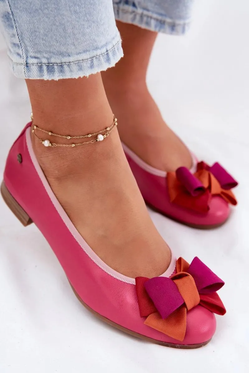 Online Maciejka Skórzane Baleriny Z Kokardką P6801-15 Fuksja