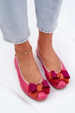 Online Maciejka Skórzane Baleriny Z Kokardką P6801-15 Fuksja
