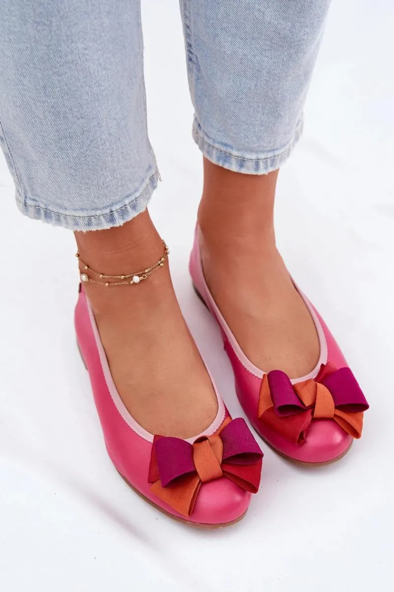 Online Maciejka Skórzane Baleriny Z Kokardką P6801-15 Fuksja