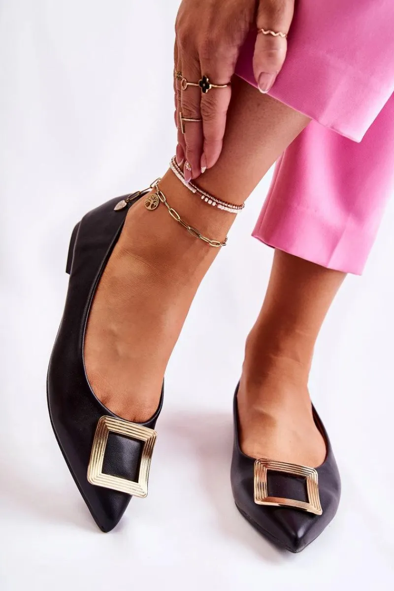 New Skórzane Baleriny Z Ozdobą W Szpic Czarno-Złote Simone Damskie Baleriny Klasyczne