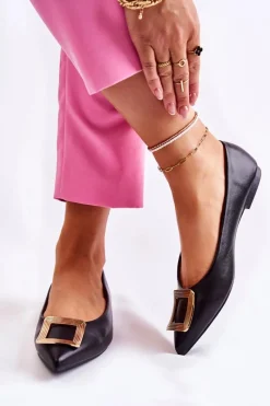 New Skórzane Baleriny Z Ozdobą W Szpic Czarno-Złote Simone Damskie Baleriny Klasyczne