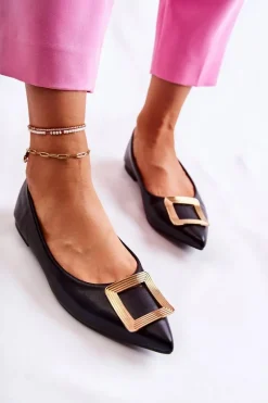 New Skórzane Baleriny Z Ozdobą W Szpic Czarno-Złote Simone Damskie Baleriny Klasyczne