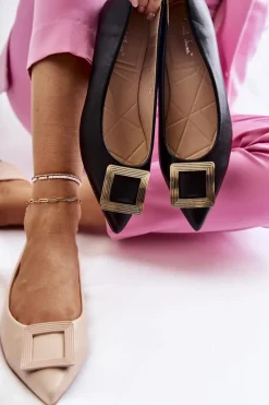 New Skórzane Baleriny Z Ozdobą W Szpic Czarno-Złote Simone Damskie Baleriny Klasyczne