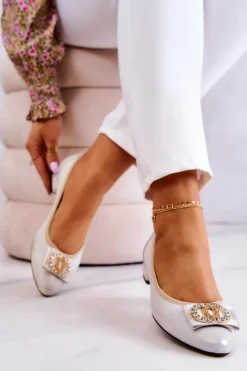 Discount Skórzane Baleriny Z Ozdobą Biało-Złote Joliet Damskie Baleriny Skórzane|Baleriny Klasyczne