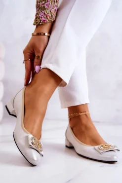 Discount Skórzane Baleriny Z Ozdobą Biało-Złote Joliet Damskie Baleriny Skórzane|Baleriny Klasyczne