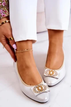 Discount Skórzane Baleriny Z Ozdobą Biało-Złote Joliet Damskie Baleriny Skórzane|Baleriny Klasyczne