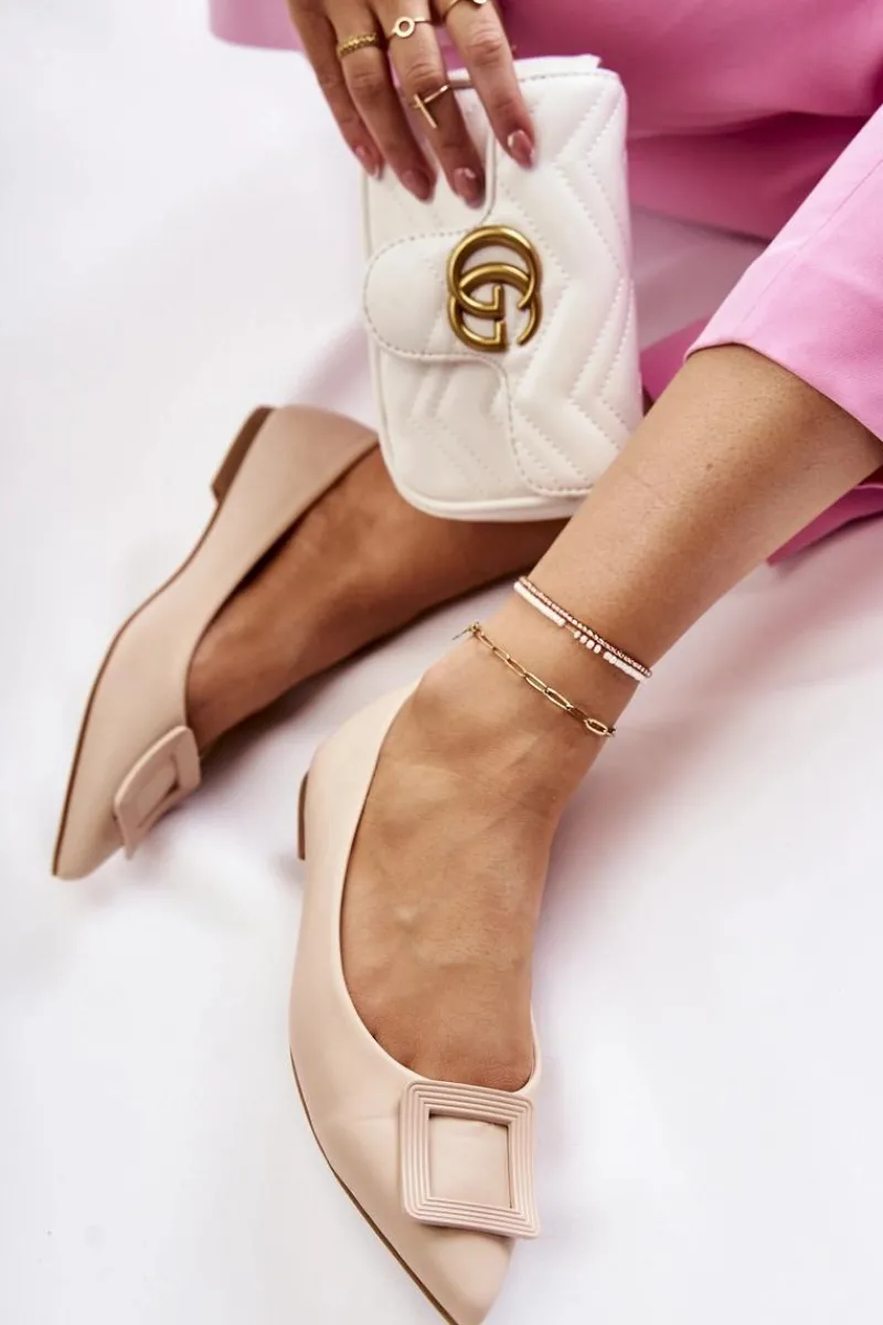 Hot Boto Skórzane Baleriny Z Ozdobą W Szpic Beżowe Simone