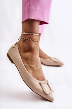 Hot Boto Skórzane Baleriny Z Ozdobą W Szpic Beżowe Simone