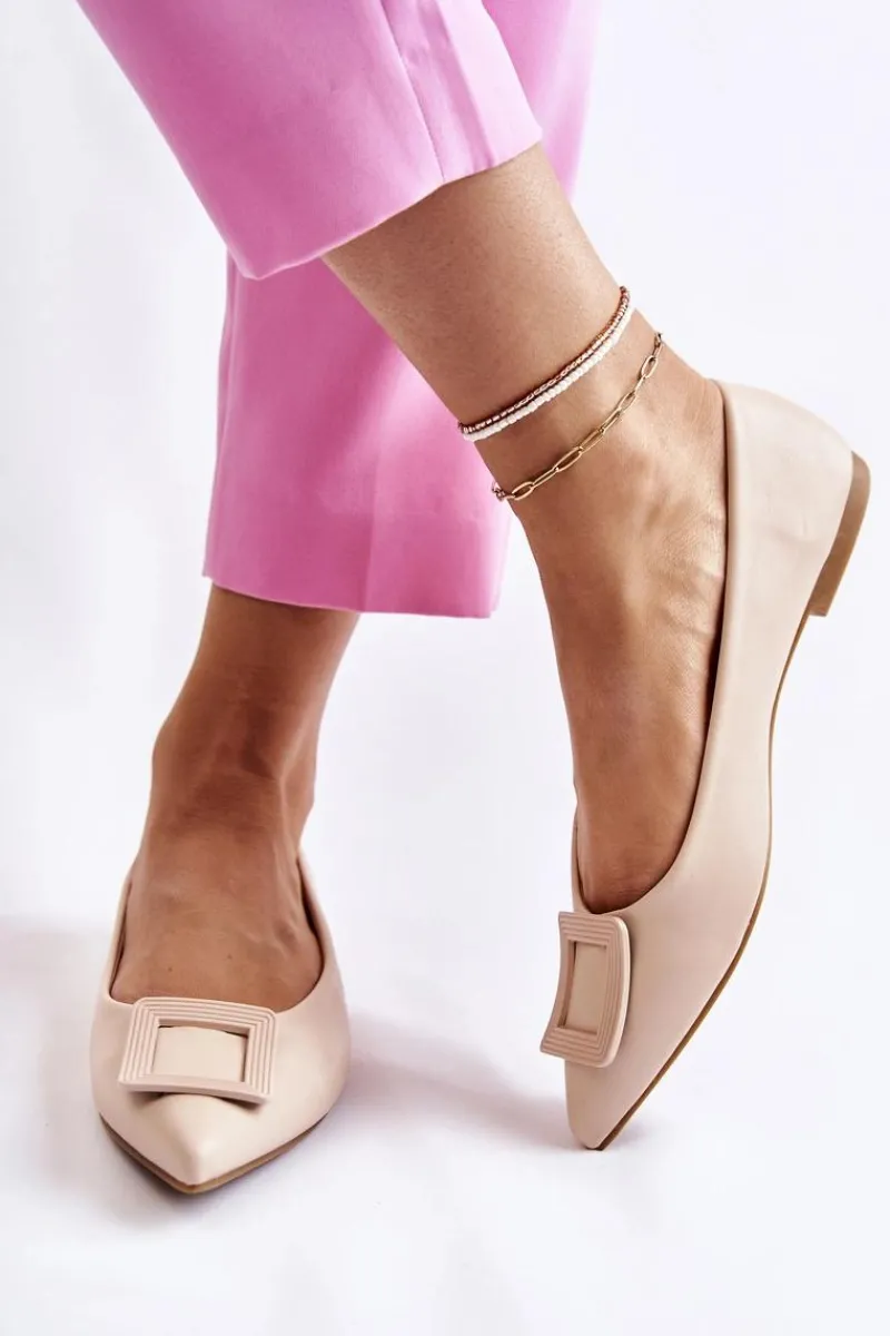 Hot Boto Skórzane Baleriny Z Ozdobą W Szpic Beżowe Simone