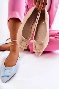 Hot Boto Skórzane Baleriny Z Ozdobą W Szpic Beżowe Simone