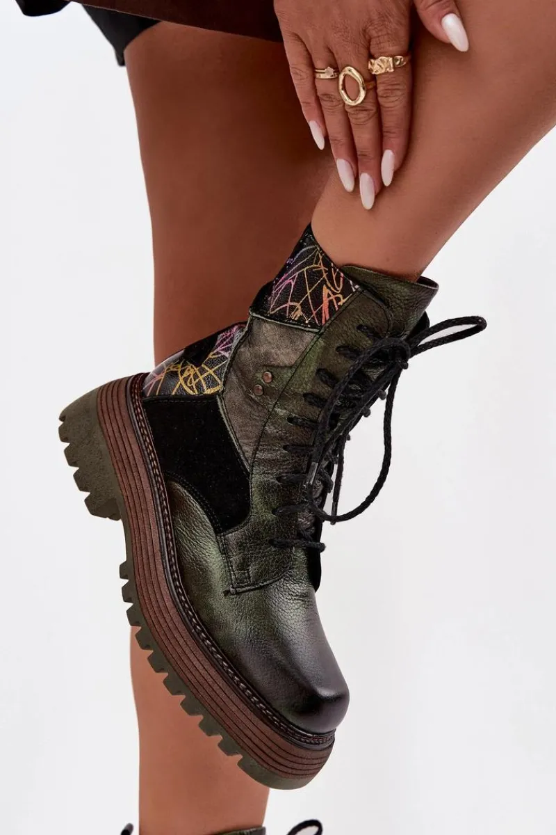 Online Skórzane Botki Damskie Na Platformie 07104-09 Ciemnozielone Damskie Botki Ocieplane|Botki Maciejka