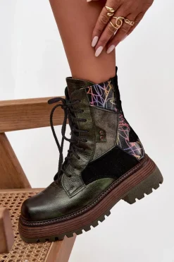 Online Skórzane Botki Damskie Na Platformie 07104-09 Ciemnozielone Damskie Botki Ocieplane|Botki Maciejka