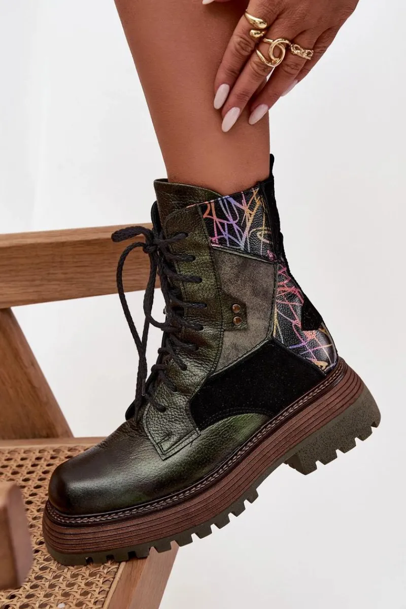 Online Skórzane Botki Damskie Na Platformie 07104-09 Ciemnozielone Damskie Botki Ocieplane|Botki Maciejka