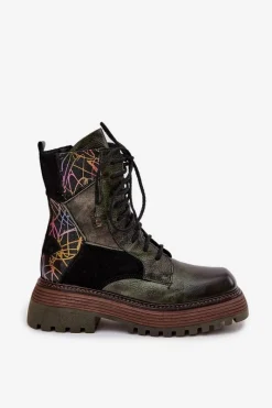 Online Skórzane Botki Damskie Na Platformie 07104-09 Ciemnozielone Damskie Botki Ocieplane|Botki Maciejka