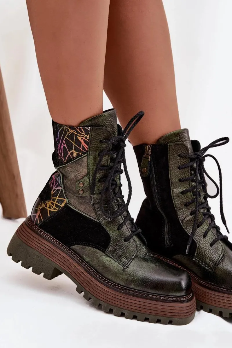 Online Skórzane Botki Damskie Na Platformie 07104-09 Ciemnozielone Damskie Botki Ocieplane|Botki Maciejka