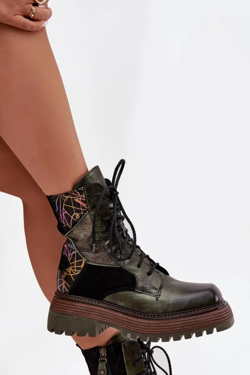 Online Skórzane Botki Damskie Na Platformie 07104-09 Ciemnozielone Damskie Botki Ocieplane|Botki Maciejka