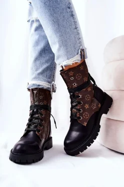 Best Skórzane Botki Brązowo-Czarne Lonevis Damskie Botki Sznurowane|Czarne Botki