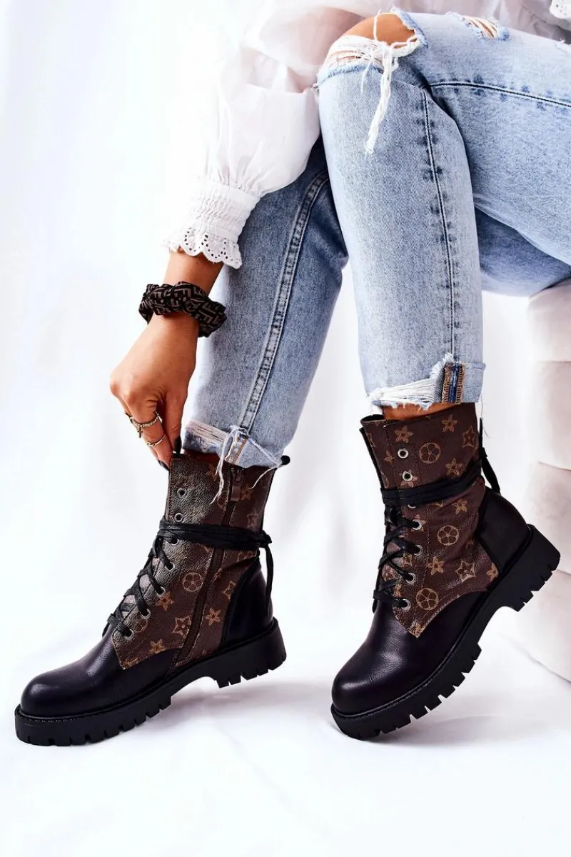 Best Skórzane Botki Brązowo-Czarne Lonevis Damskie Botki Sznurowane|Czarne Botki