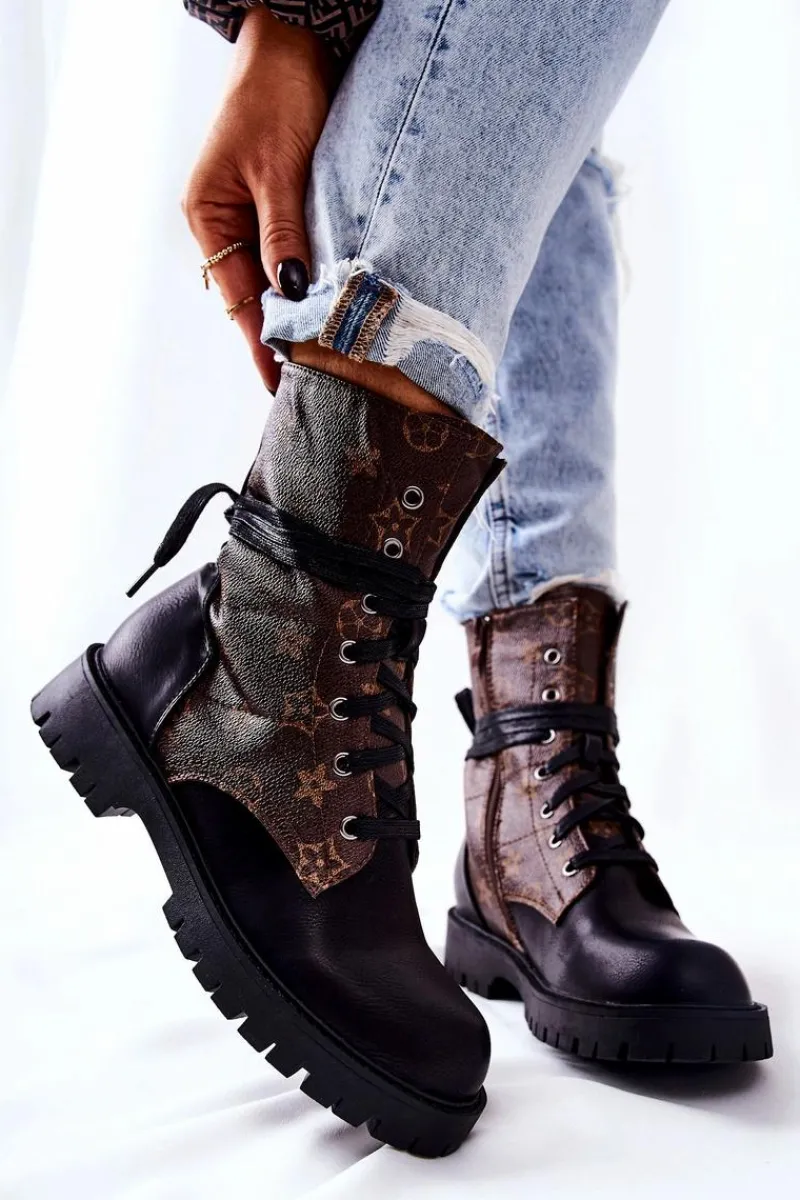 Best Skórzane Botki Brązowo-Czarne Lonevis Damskie Botki Sznurowane|Czarne Botki