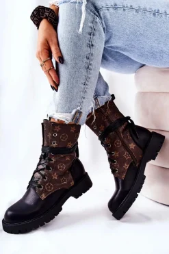 Best Skórzane Botki Brązowo-Czarne Lonevis Damskie Botki Sznurowane|Czarne Botki